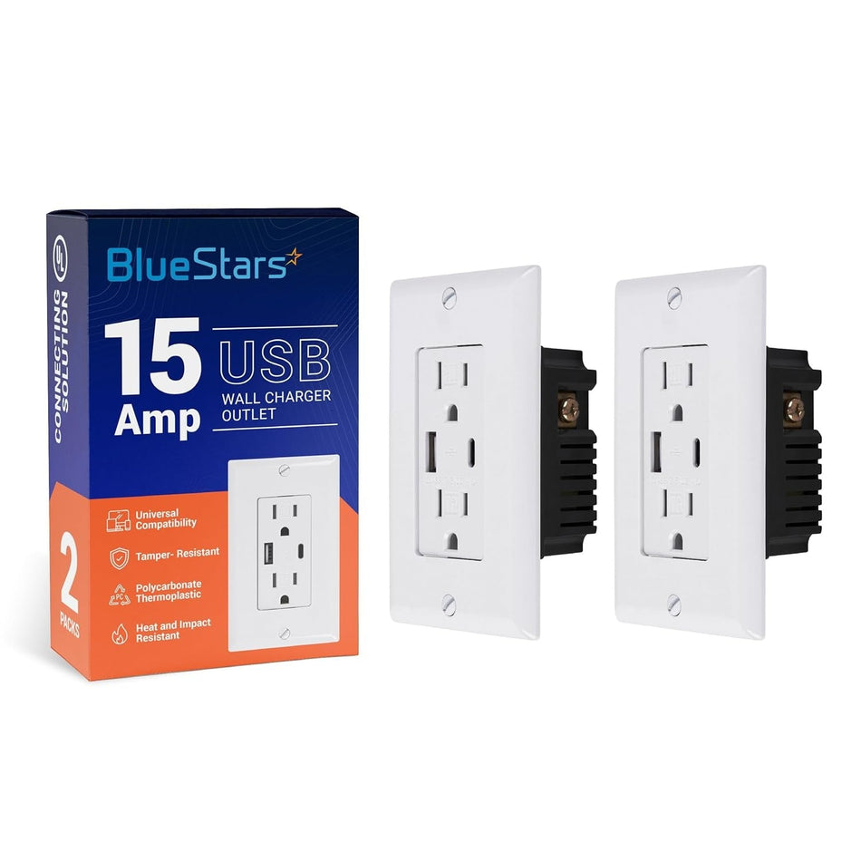 15 Amp Electrical USB Wall Charger Outlet - Pack of 2