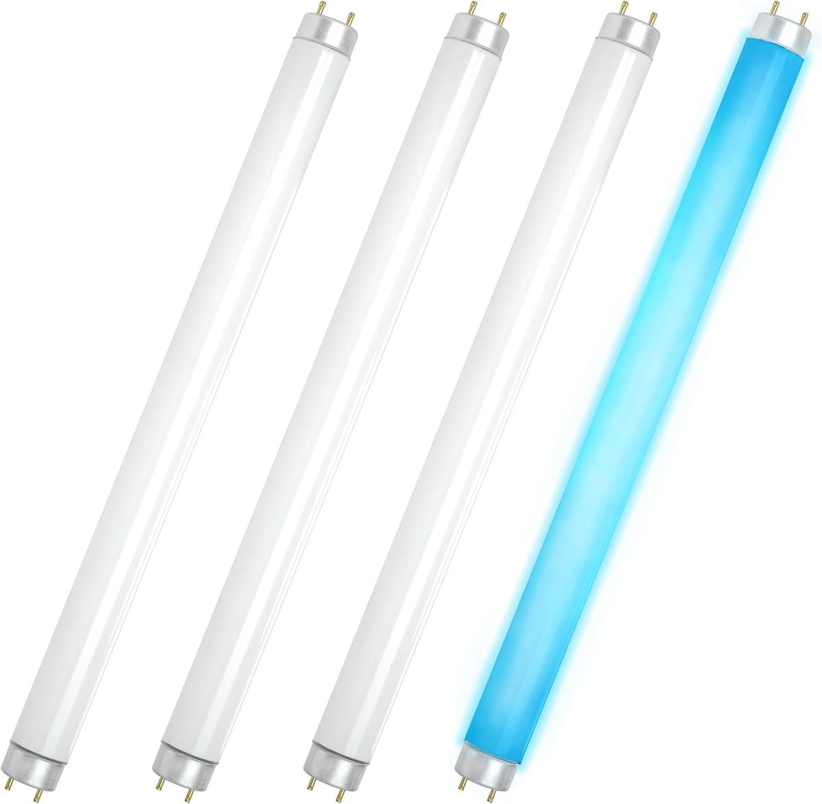 Pack of four T8 10W replacement light bulbs with 2-pin bases, including one illuminated blue bulb.