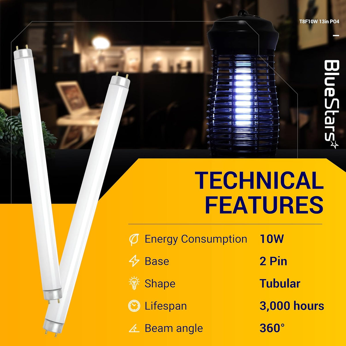 Two T8 10W replacement light bulbs with 2-pin bases shown next to a bug zapper and technical specifications chart.