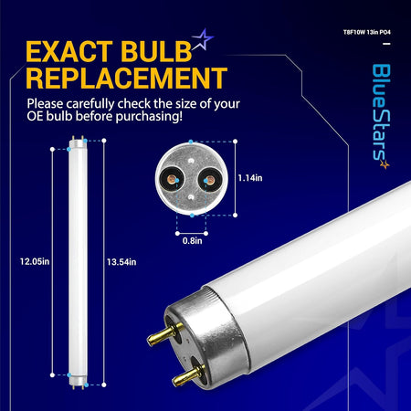 T8F10W replacement light bulb technical diagram showing 2-pin base dimensions and 13.54-inch length.