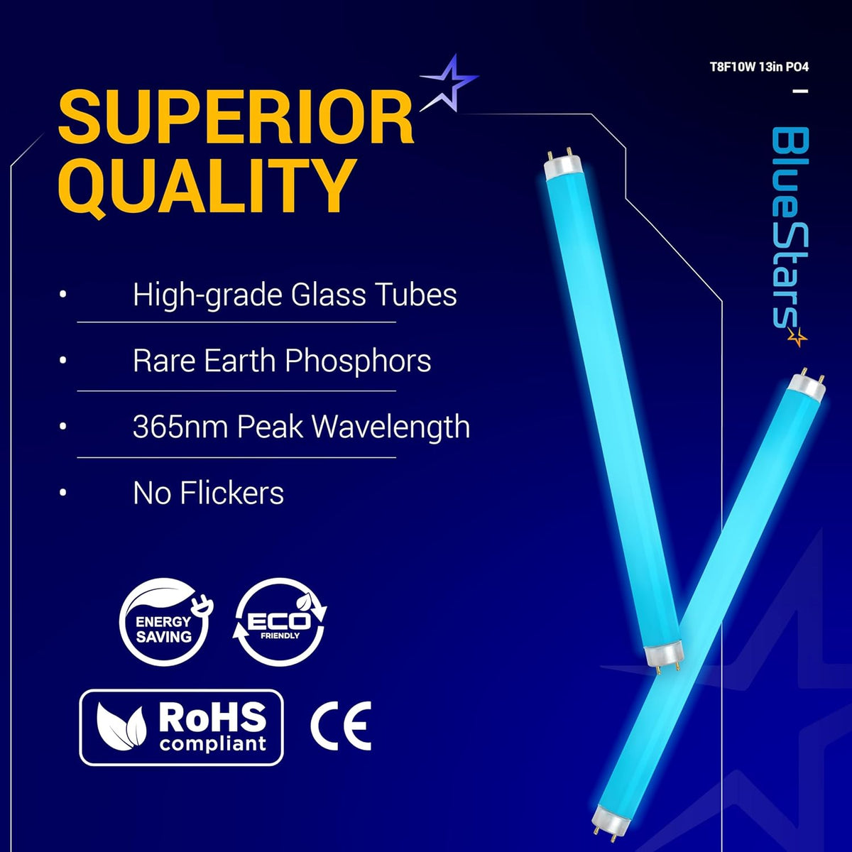 T8F10W 10-watt 2-pin replacement UV light bulb tube with 365nm wavelength and energy-saving features.