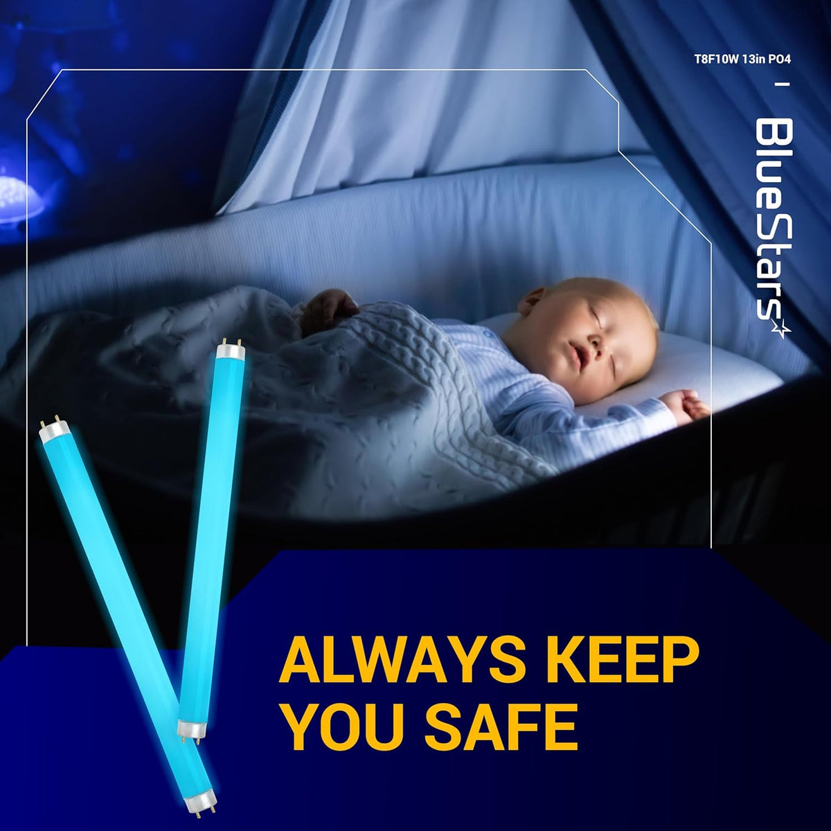 Two T8 10W replacement light bulbs with 2-pin bases shown in a promotional graphic for a baby nursery.