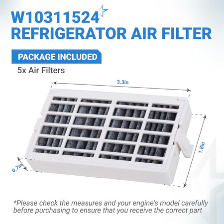 W10311524 refrigerator air filter cartridge with dimensions shown for compatibility verification.