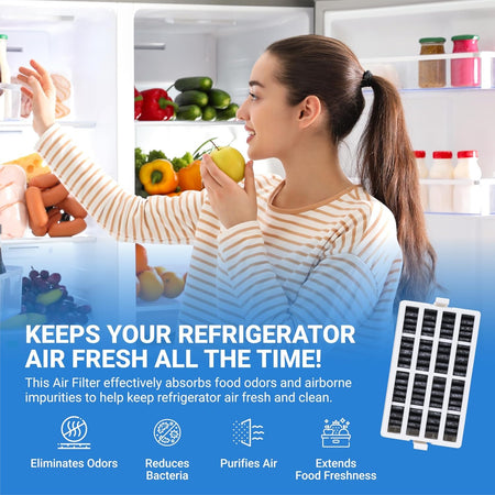 W10311524 AIR1 refrigerator air filter cartridge shown with a woman in a fresh, organized refrigerator.