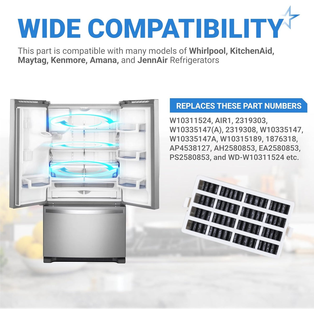 Infographic showing W10311524 refrigerator air filter compatibility and list of replacement part numbers.