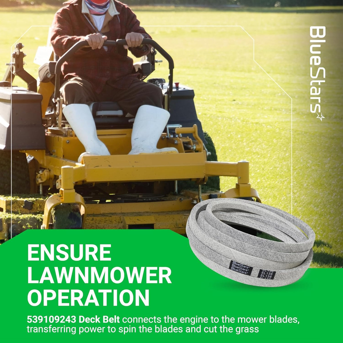 539109243 mower deck belt for Husqvarna, Jonsered, and Poulan Pro zero-turn mowers.