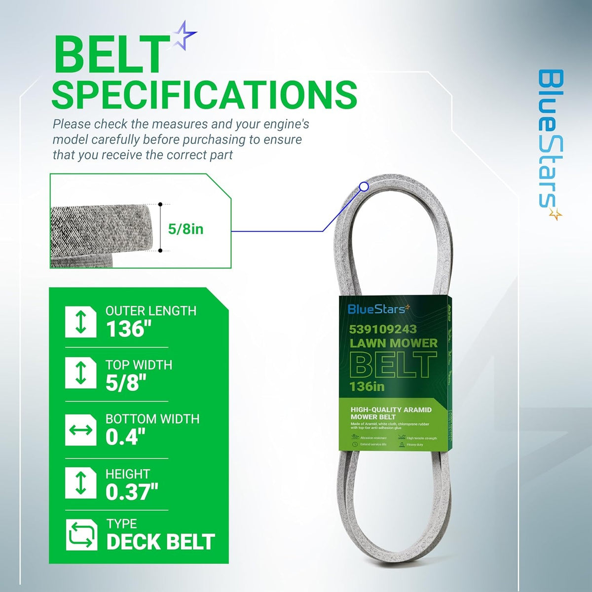 Infographic showing 539109243 mower deck belt specifications including 136-inch length and 5/8-inch width dimensions.