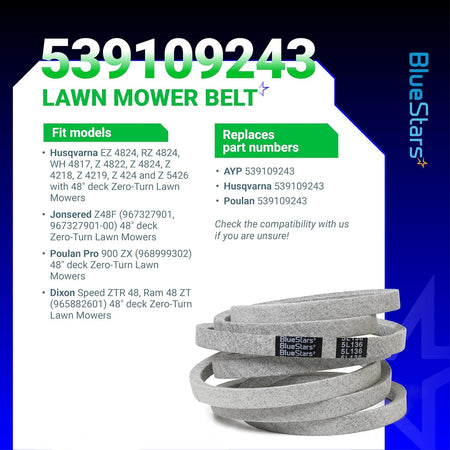 BlueStars 539109243 mower deck belt for 48-inch Husqvarna, Jonsered, and Poulan Pro zero-turn mowers.
