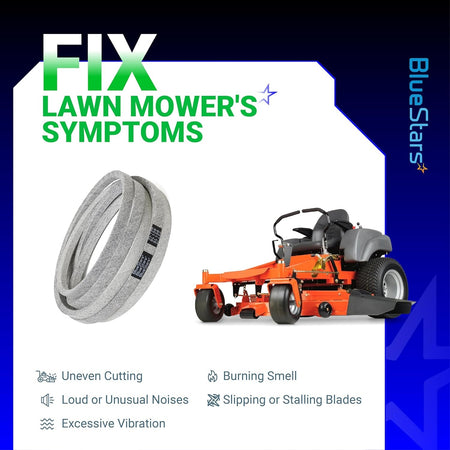539109243 mower deck belt for Husqvarna zero-turn mowers with symptom troubleshooting guide.