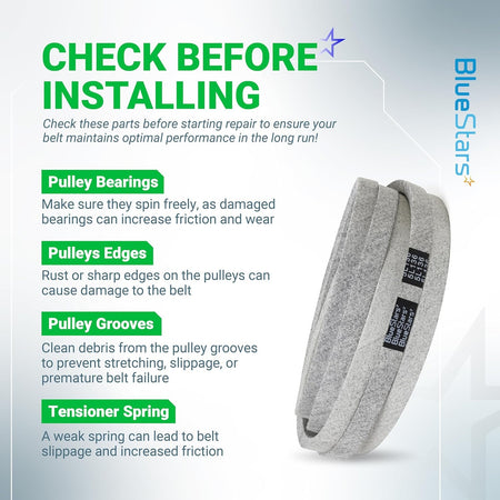 Installation guide for 539109243 mower deck belt showing inspection tips for pulleys and tensioner springs.
