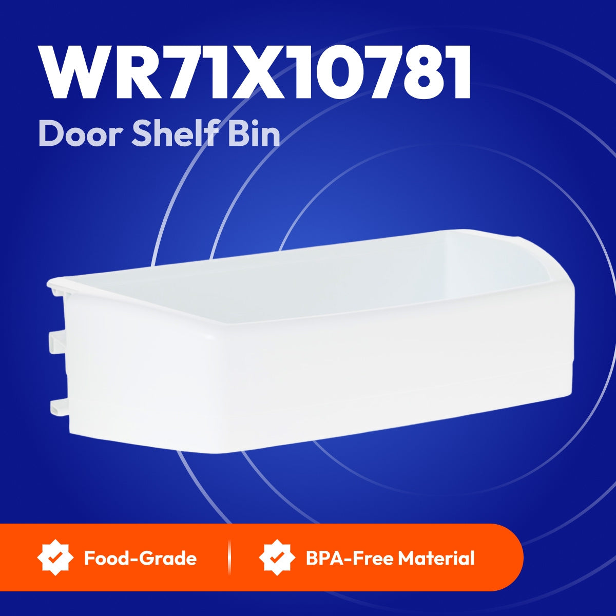 WR71X10781 refrigerator door shelf bin shown from the front on a blue background