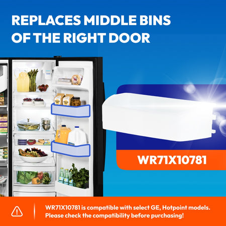 WR71X10781 Refrigerator Door Shelf Bin Adjustable, shown replacing middle bins on a refrigerator's right door