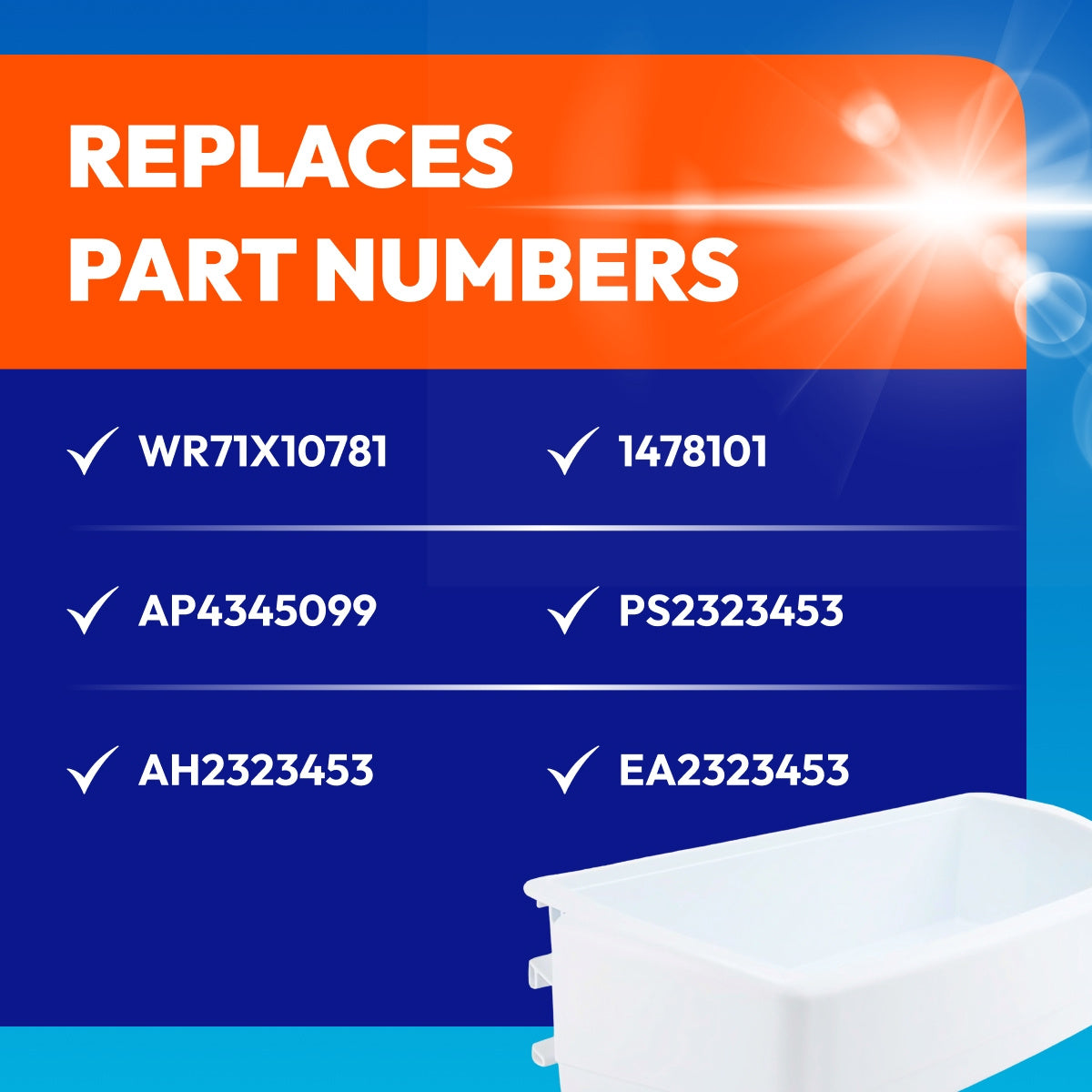 WR71X10781 Refrigerator Door Shelf Bin Adjustable graphic listing replacement part numbers with partial bin view