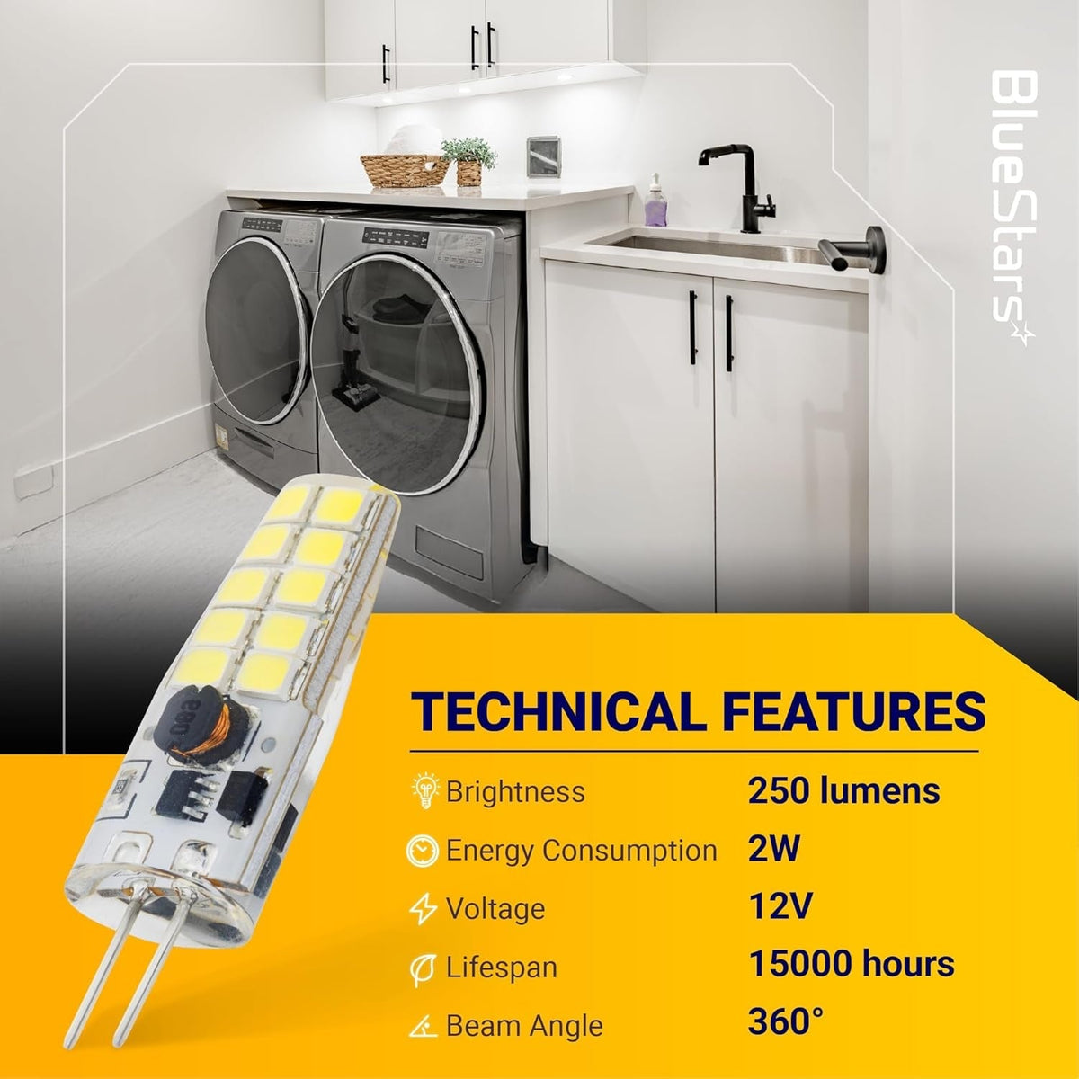 Single G4 2W LED bulb with technical specifications displayed against a laundry room background.
