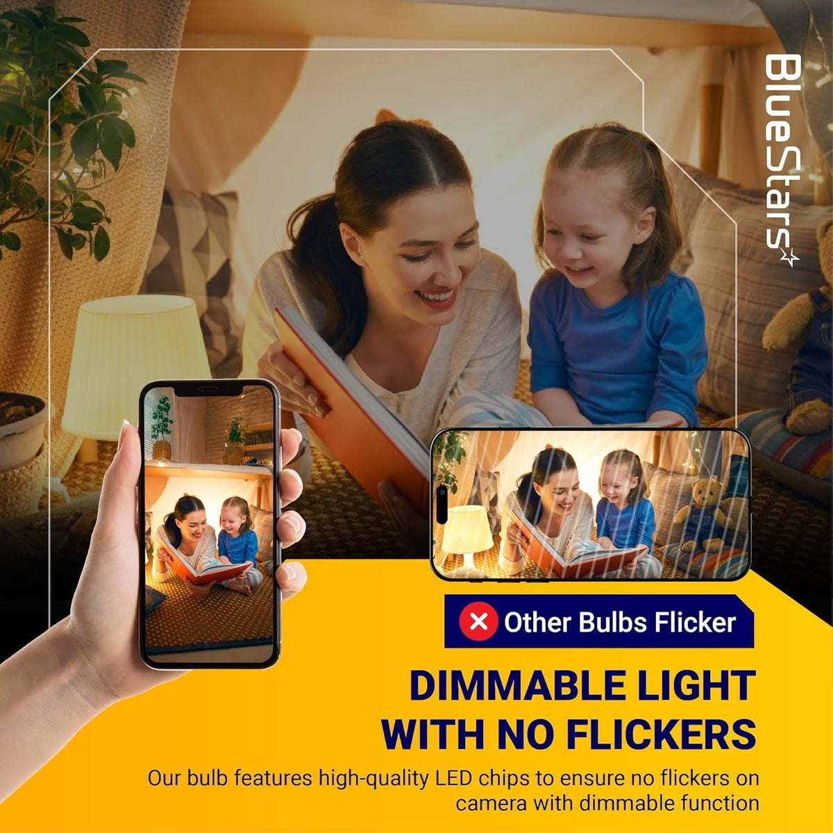 Comparison graphic showing G4 LED bulb flicker-free performance on camera versus other bulbs.