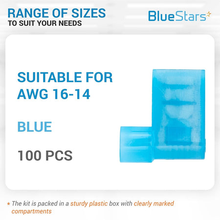 Single blue female flag spade terminal for 16-14 AWG wire.