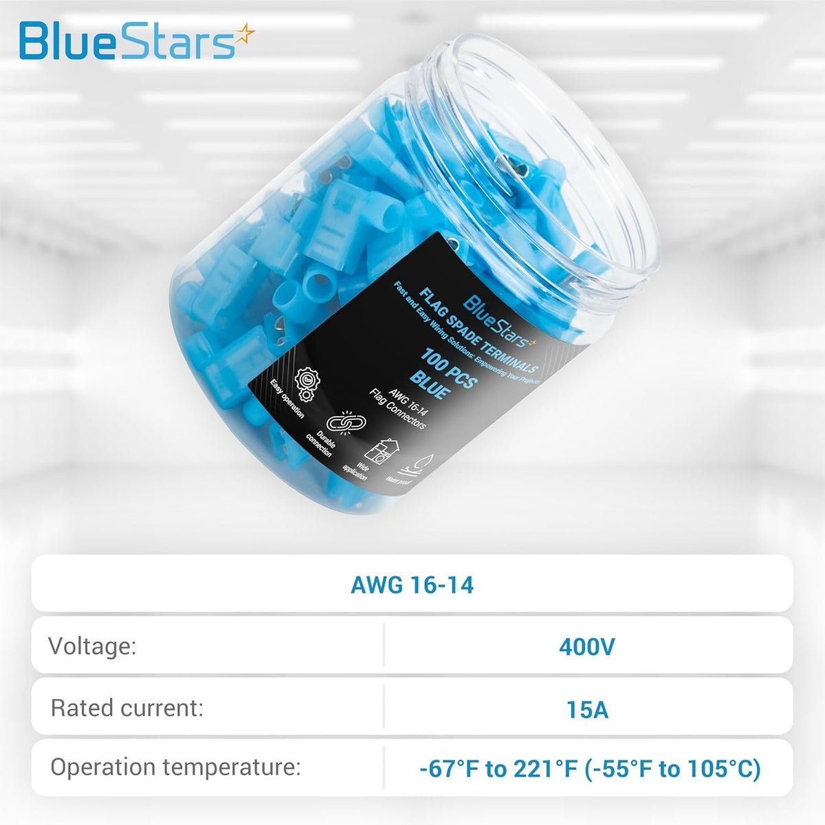 Clear plastic jar containing 100 pieces of blue female flag spade terminals for 16-14 AWG wire.