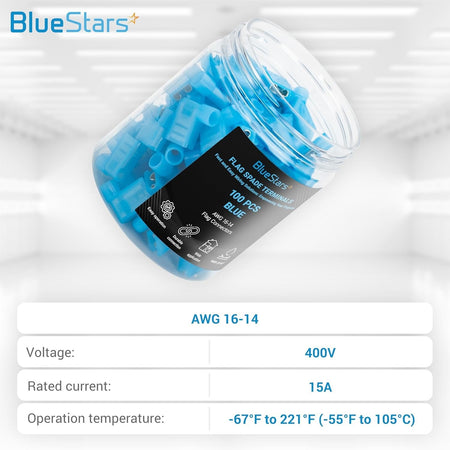 Clear plastic jar containing 100 pieces of blue female flag spade terminals for 16-14 AWG wire.
