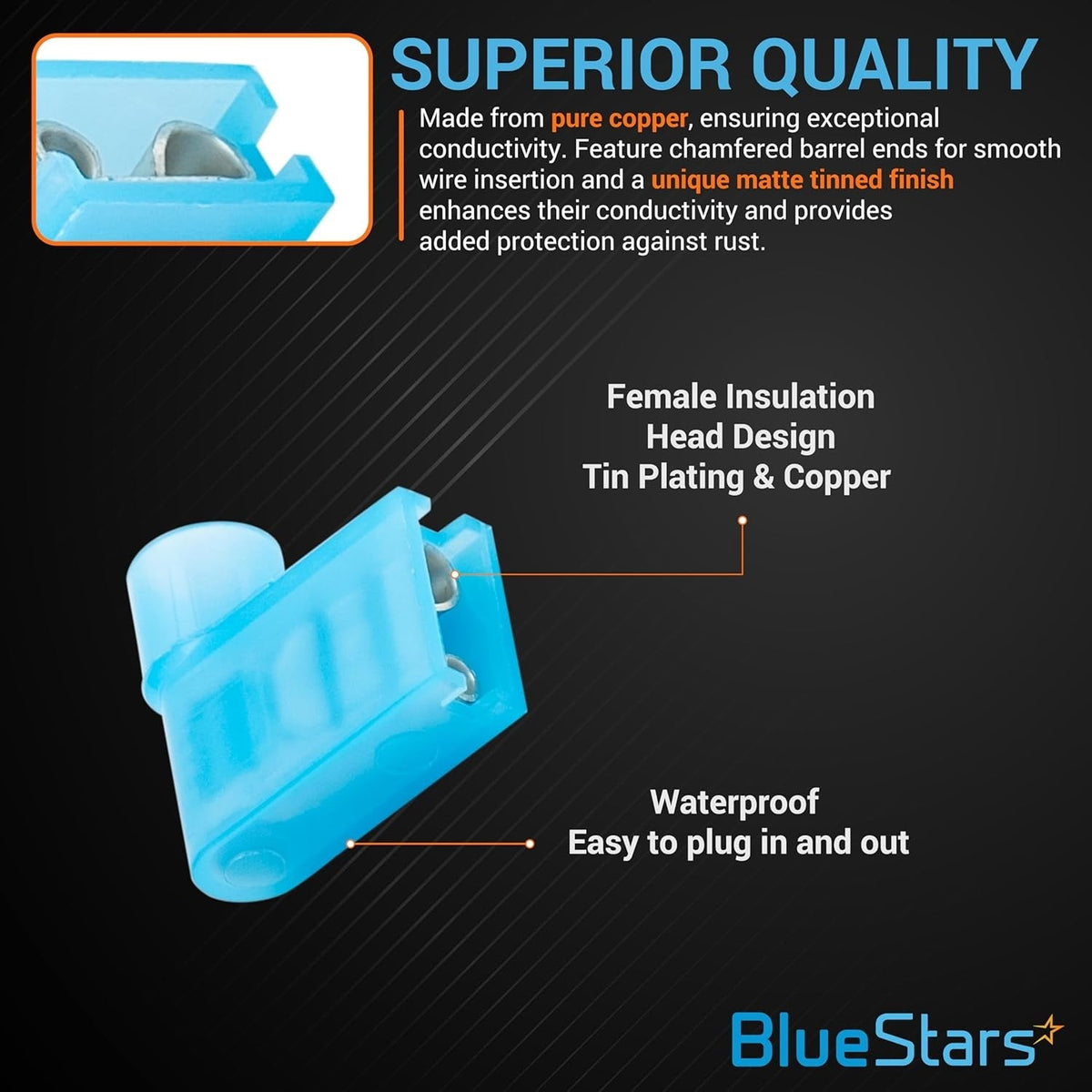 Close-up of a blue female flag spade terminal showing copper construction and insulated design features.