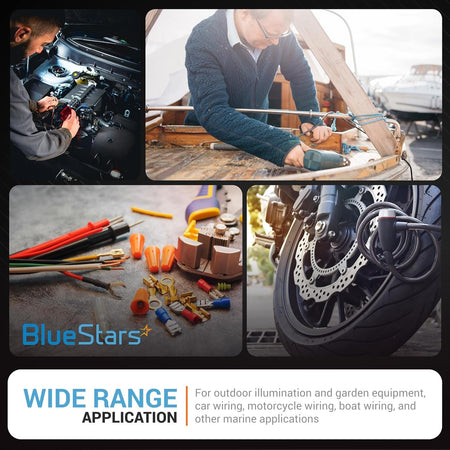 Assorted blue flag spade terminals and electrical connectors for automotive and marine wiring applications.