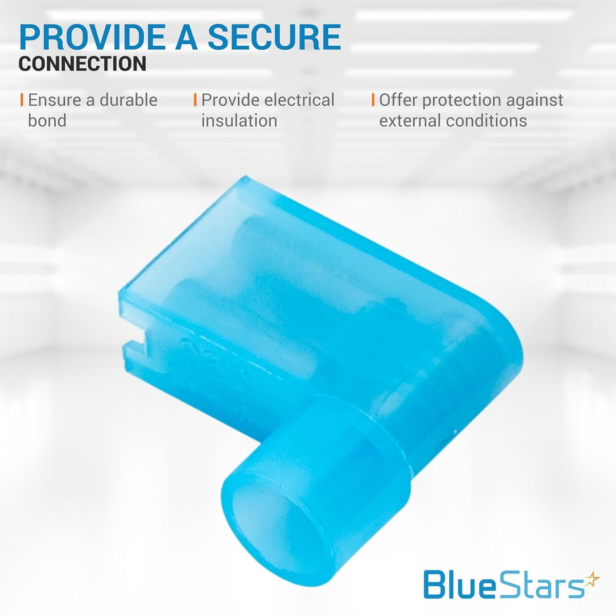 Close-up of a single blue insulated female flag spade terminal connector.