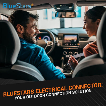 BlueStars promotional graphic featuring a couple in a car for electrical spade terminal connectors.