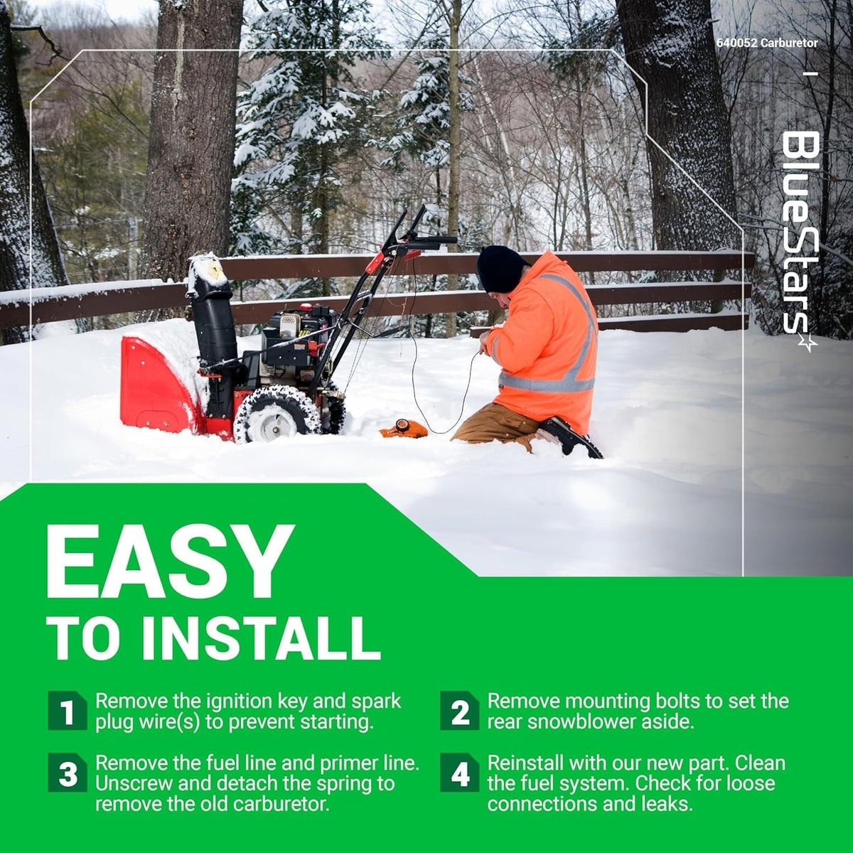 Instructional graphic showing how to install a 640052 carburetor on a snowblower.