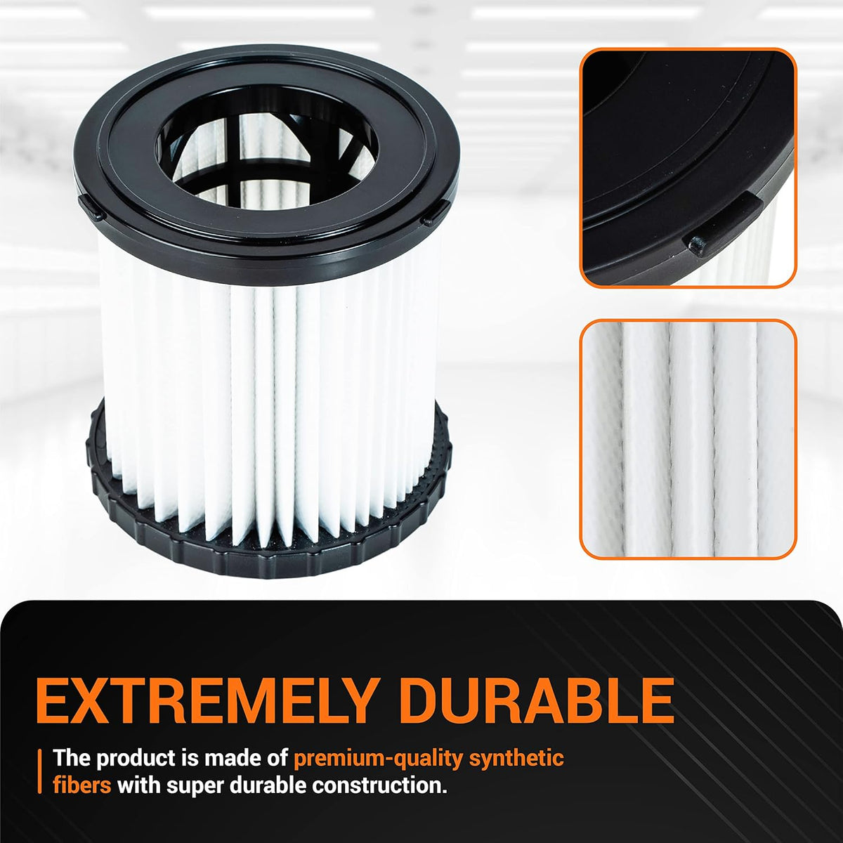 Replacement filter for DEWALT DCV580 and DCV581H wet/dry vacuums with close-up views of pleats and construction.