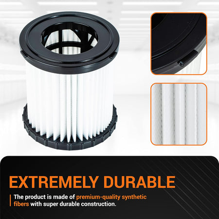 Replacement filter for DEWALT DCV580 and DCV581H wet/dry vacuums with close-up views of pleats and construction.