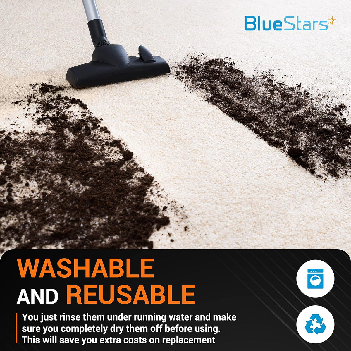 Vacuum nozzle cleaning dirt from carpet to demonstrate the effectiveness of the DCV5801H replacement filter.