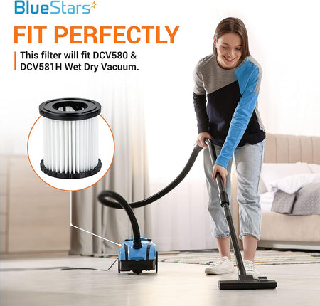 Woman using a DEWALT DCV580 wet/dry vacuum with a highlighted replacement filter insert.