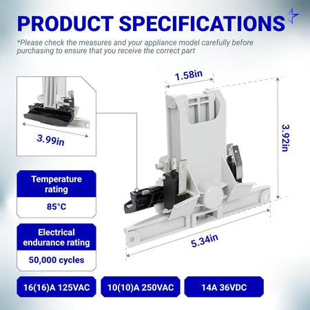 Technical specification diagram for Whirlpool and Maytag dishwasher door latch handle showing dimensions and ratings.