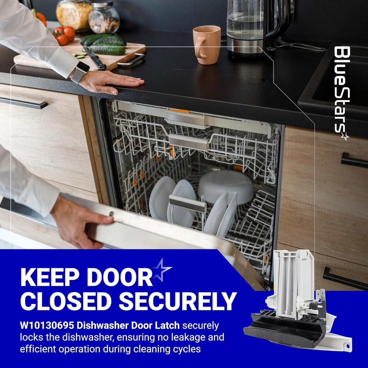 W10130695 dishwasher door latch replacement for Whirlpool and Maytag dishwashers shown in a kitchen setting.
