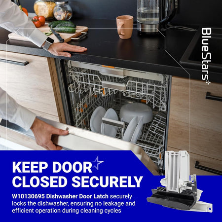 W10130695 dishwasher door latch replacement for Whirlpool and Maytag dishwashers shown in a kitchen setting.