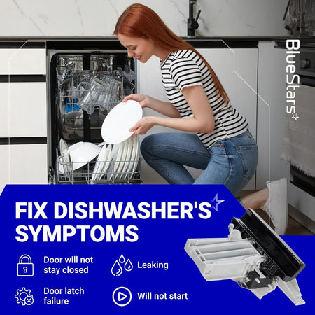 Dishwasher door latch handle replacement for Whirlpool and Maytag dishwashers shown with common repair symptoms.
