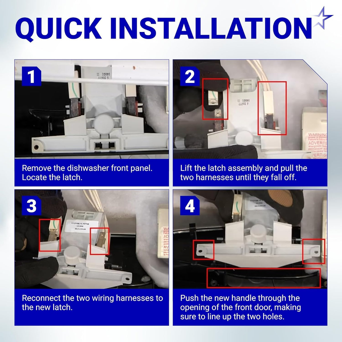 Four-step installation guide for Whirlpool and Maytag dishwasher door latch handle replacement.