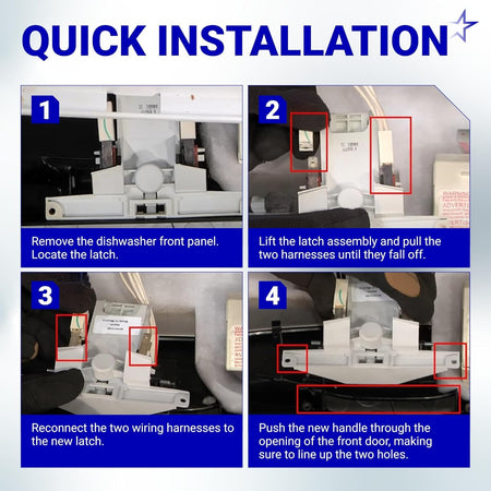 Four-step installation guide for Whirlpool and Maytag dishwasher door latch handle replacement.