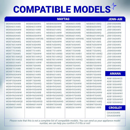 Compatibility chart for Whirlpool, Maytag, and Jenn-Air dishwasher door latch handle replacement parts.