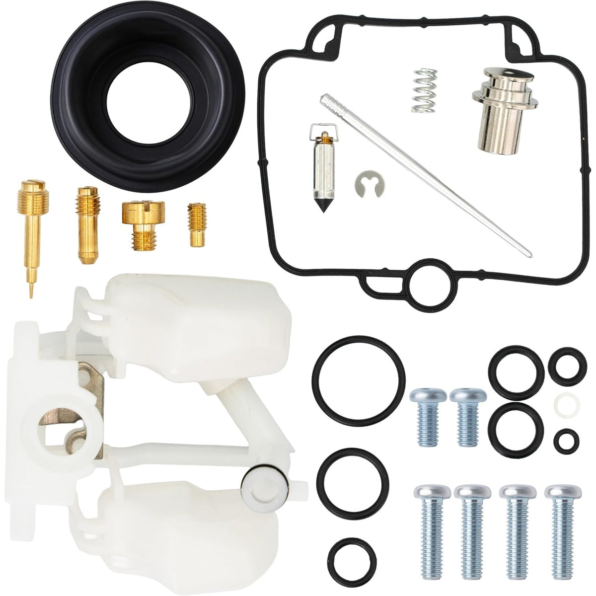 Carburetor rebuild kit components for Polaris Sportsman 500 including float, jets, gaskets, and screws.