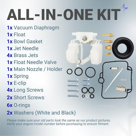 Components list for Polaris Sportsman 500 carburetor rebuild kit including diaphragm, float, jets, and gaskets.