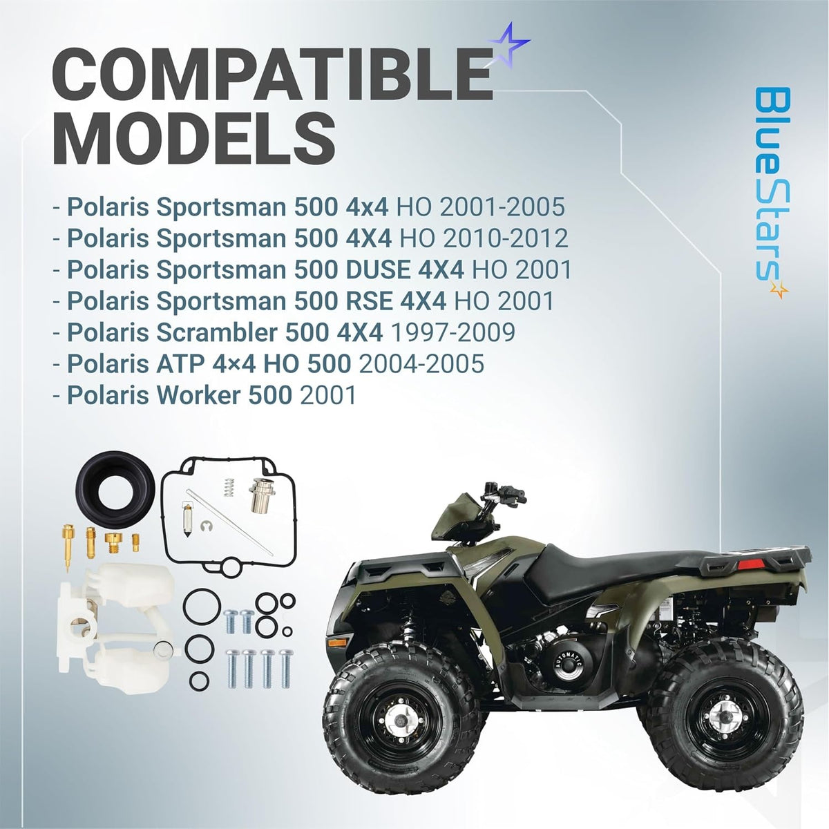 Carburetor rebuild kit components with compatibility list for Polaris Sportsman 500 and other ATV models.