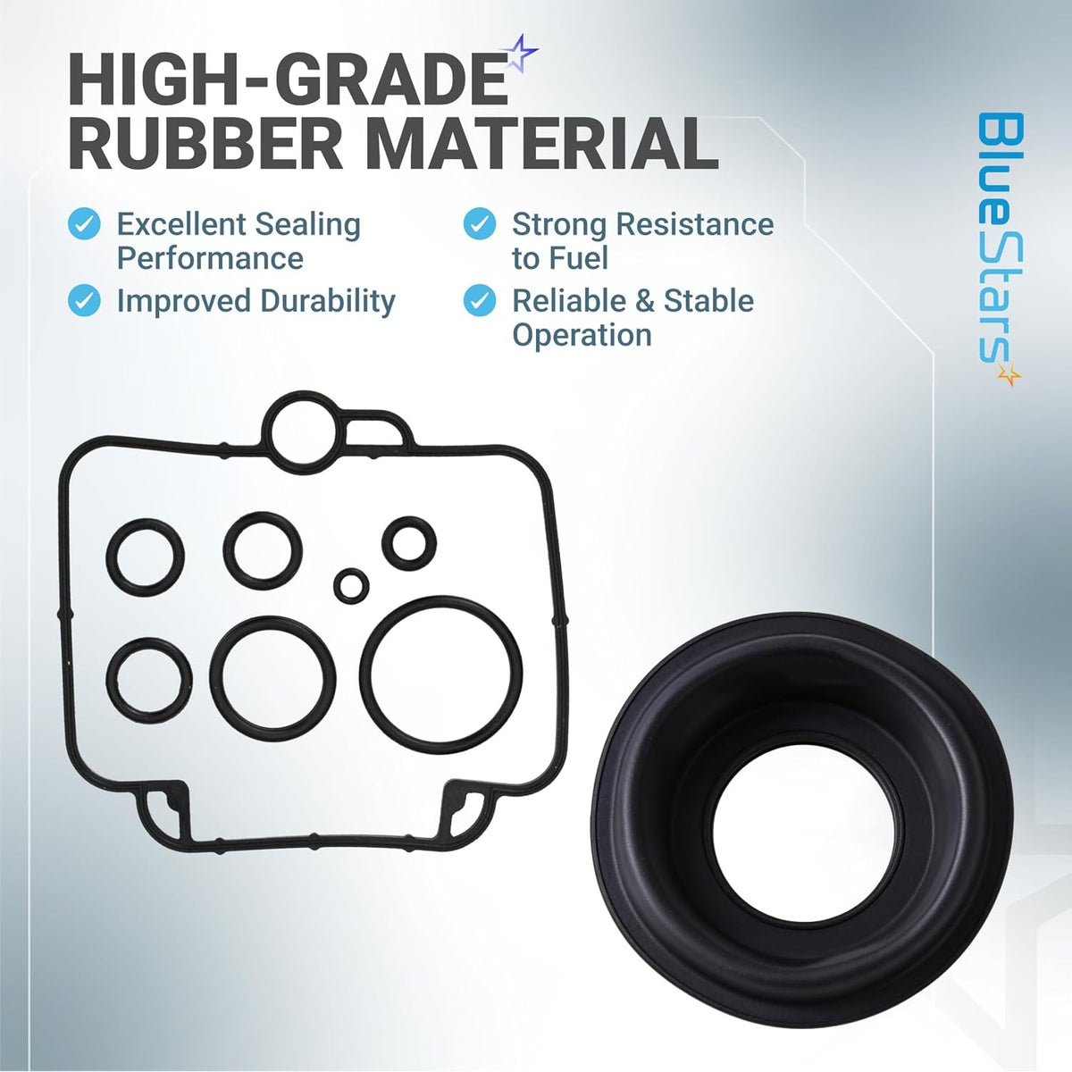 Rubber carburetor gasket and diaphragm kit for Polaris Sportsman 500, highlighting high-grade fuel-resistant material.
