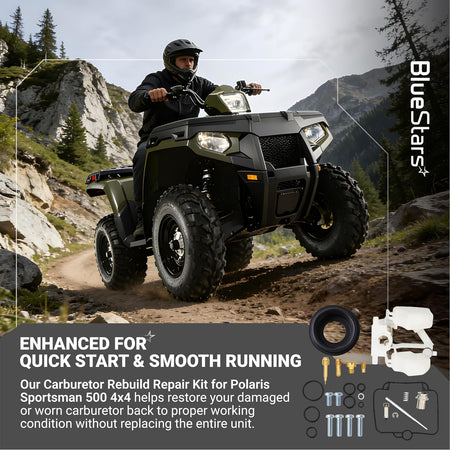 Polaris Sportsman 500 carburetor rebuild kit components displayed on a promotional lifestyle graphic.