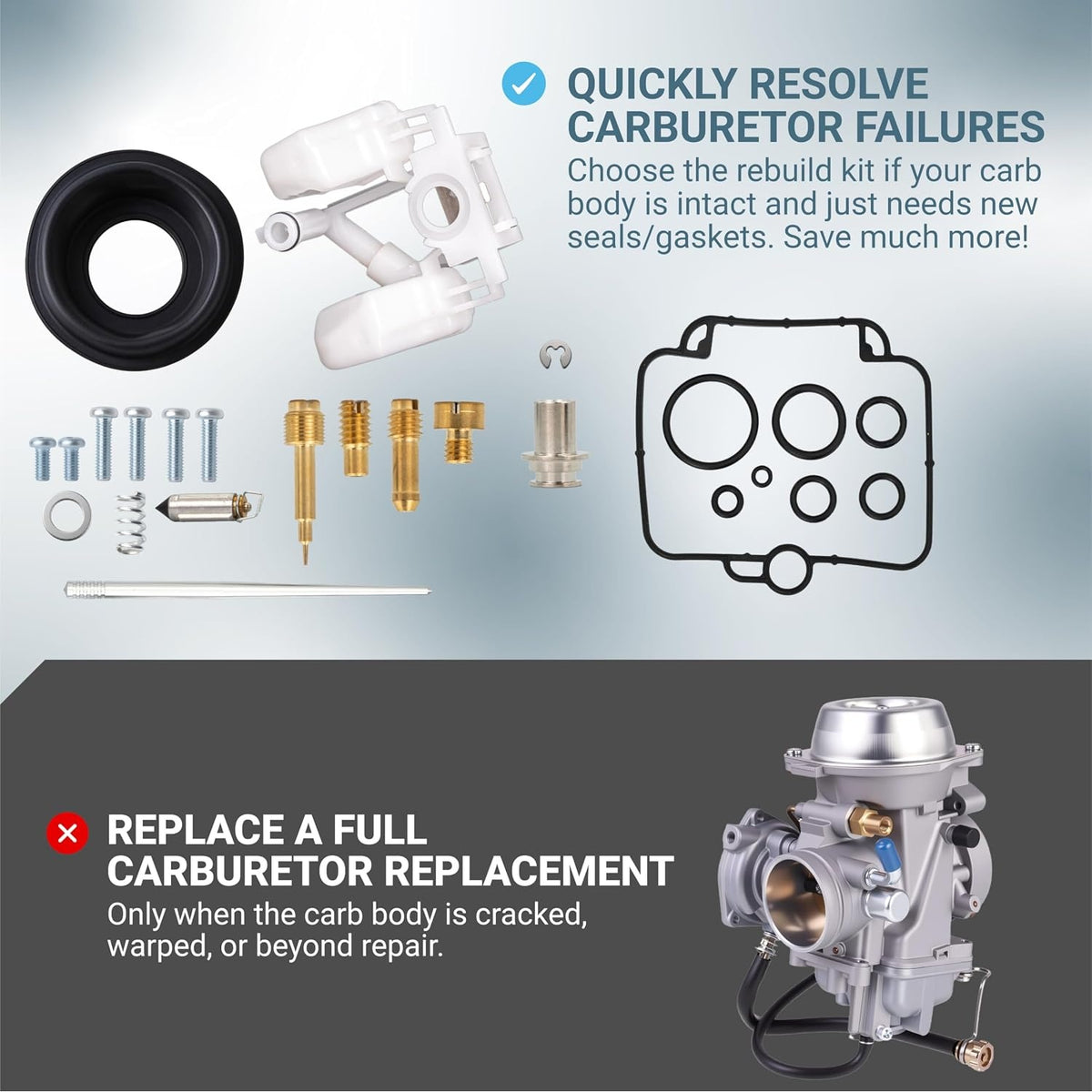 Carburetor rebuild kit components including jets, gaskets, and float for Polaris Sportsman 500 comparison graphic.