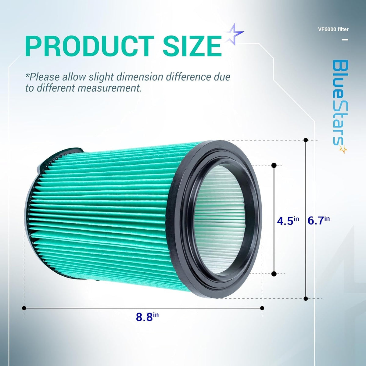 Dimensional diagram of VF6000 5-layer HEPA filter for Ridgid wet dry vacuums showing height and diameter measurements.