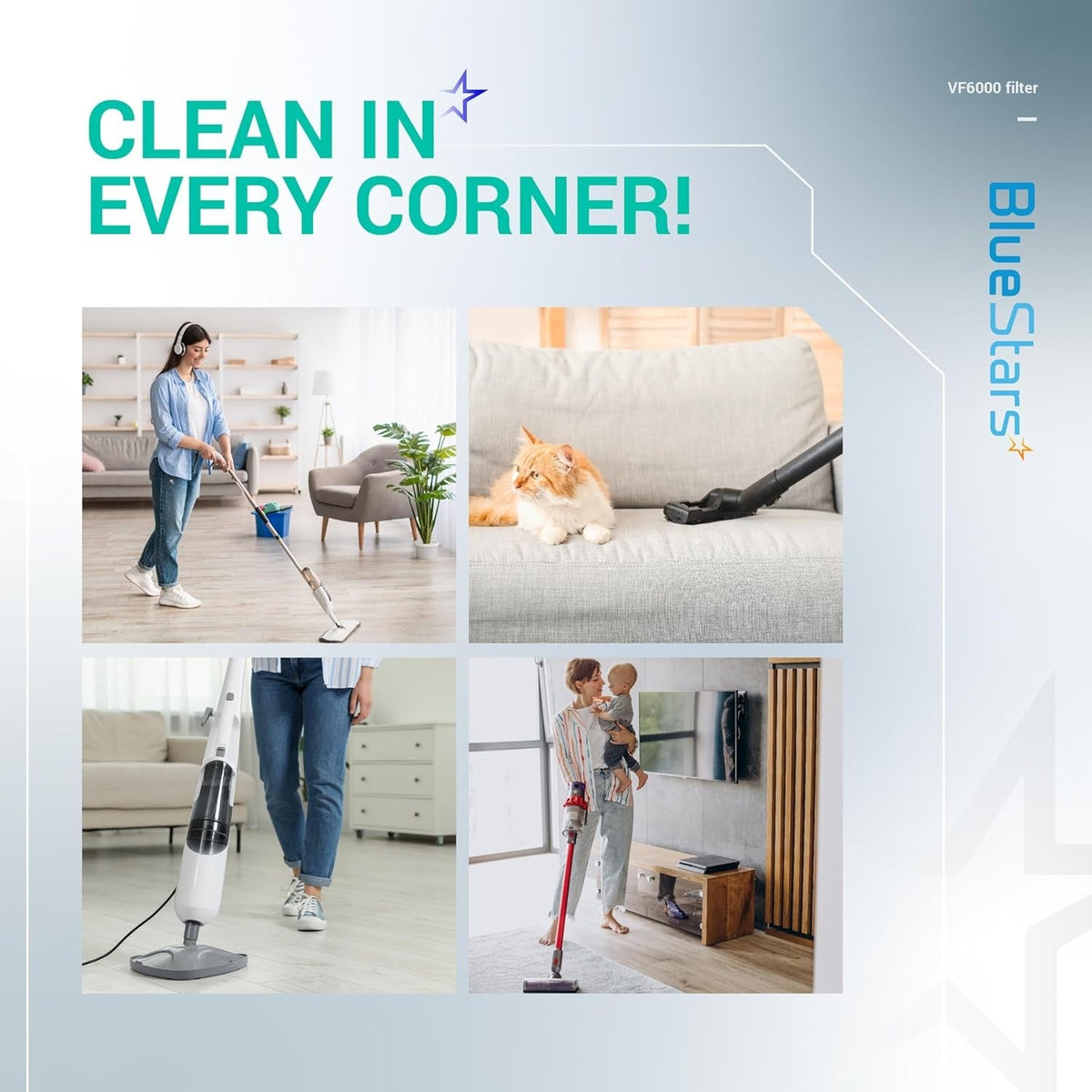 Lifestyle collage showing people using vacuum cleaners to clean floors and furniture in a home environment.