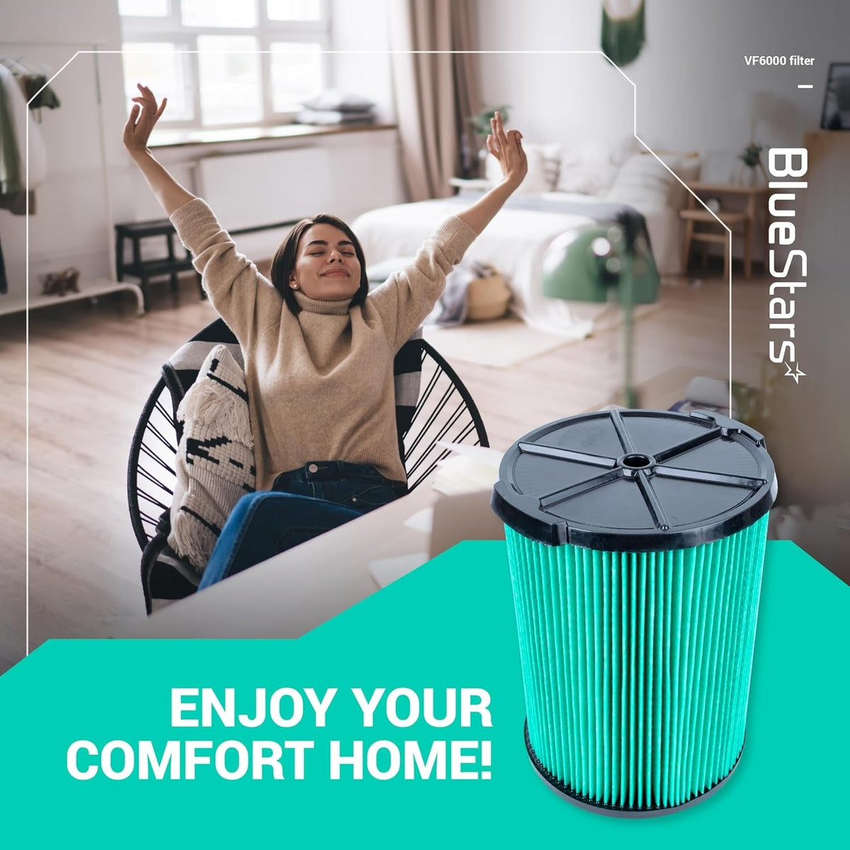 VF6000 5-layer HEPA filter for Ridgid wet dry vacuums shown with a woman relaxing in a clean home environment.