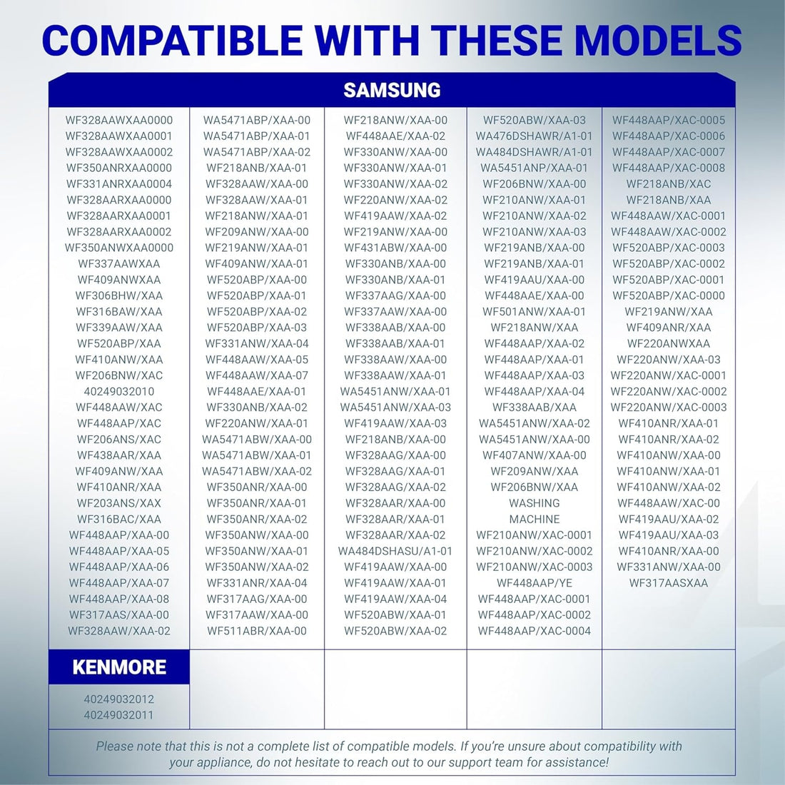 Compatibility chart listing Samsung and Kenmore washer models for DC97-15459H water inlet valve.
