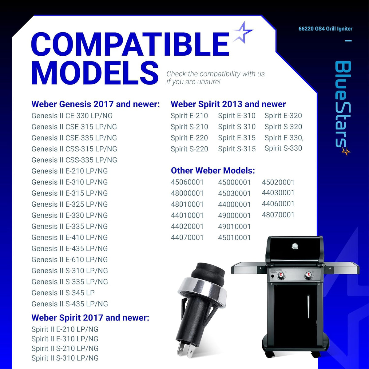 66220 Igniter Switch compatibility chart lists Weber Genesis and Spirit models; igniter shown