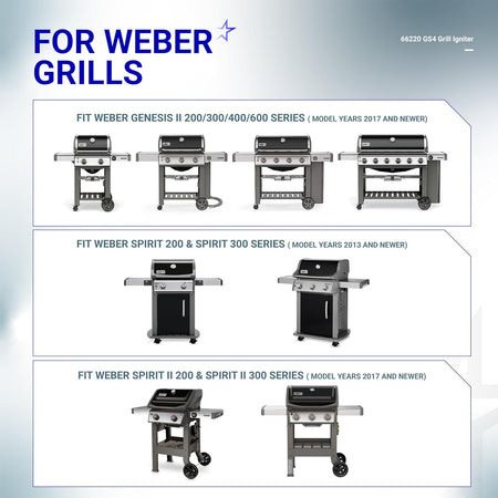 66220 Igniter Switch for Weber, compatibility chart showing Genesis II, Spirit and Spirit II grill models
